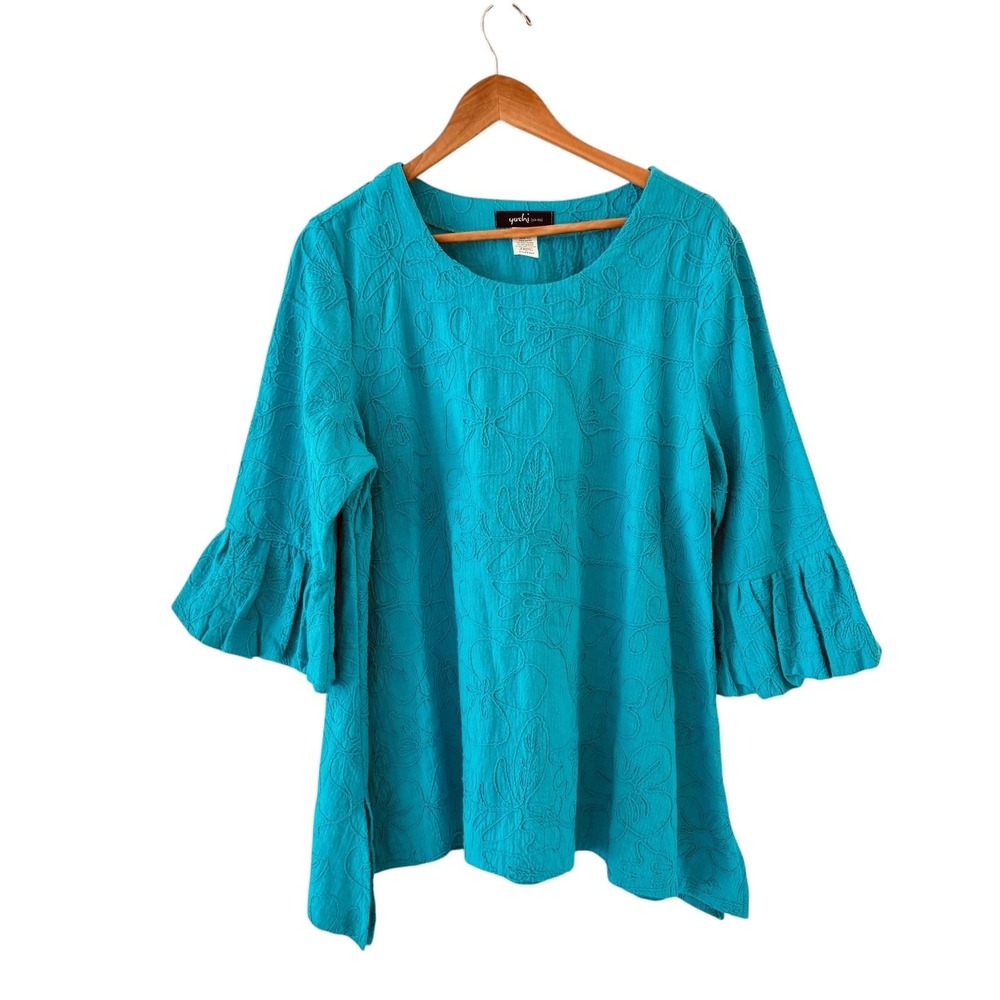 Yushi Embroidered Tunic Top Womens XL Blue Floral 3/4 Bell Sleeve Coastal Boho